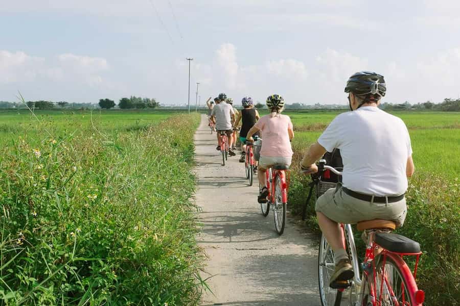 Rural Cycle, Market Tour, Basket Boat & Organic Farm Cooking - Working in an organic garden near Hoi An